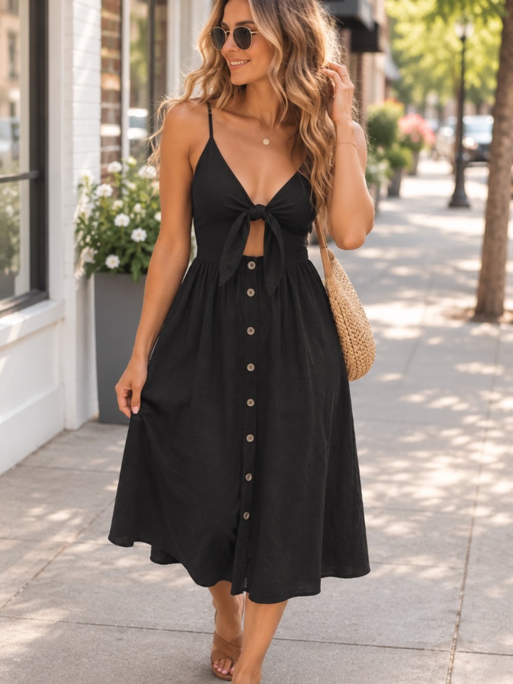NWT Gilli Black Midi Dress with Front Tie Keyhole and Button Placket